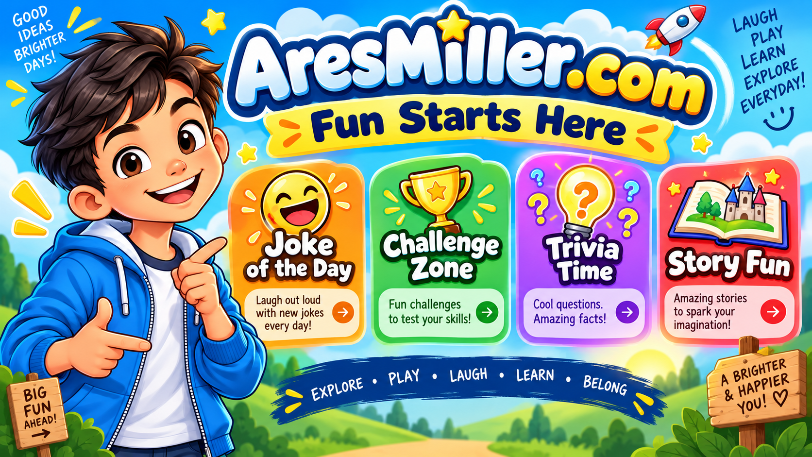 AresMiller.com Fun Starts Here illustration with jokes, challenges, trivia and stories