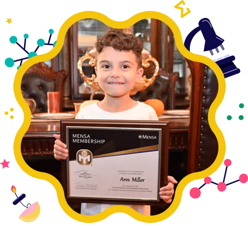 A young Ares holding his Mensa membership certificate