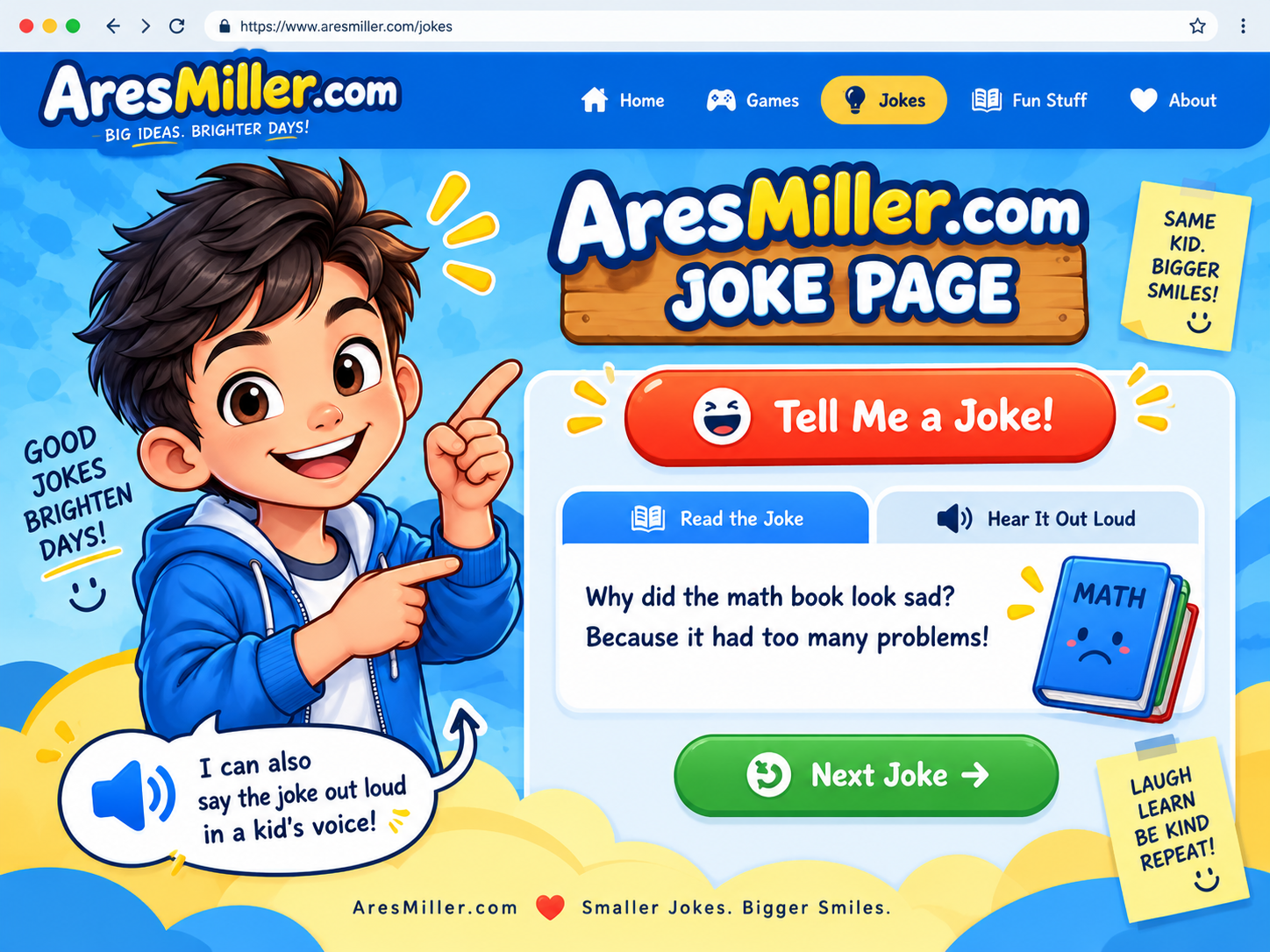 Illustrated Ares joke-page design with a smiling mascot and the math-book joke