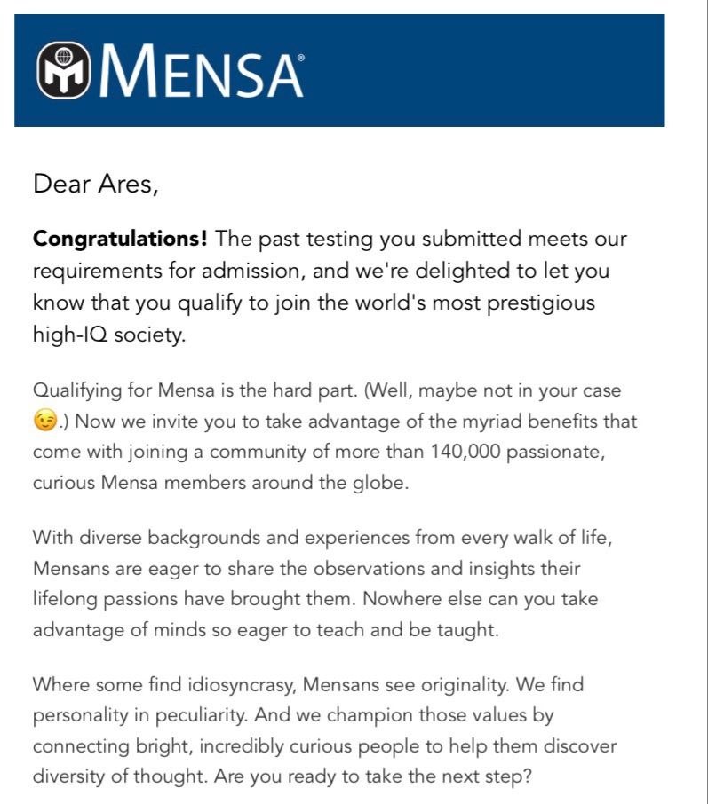 Mensa acceptance letter addressed to Ares