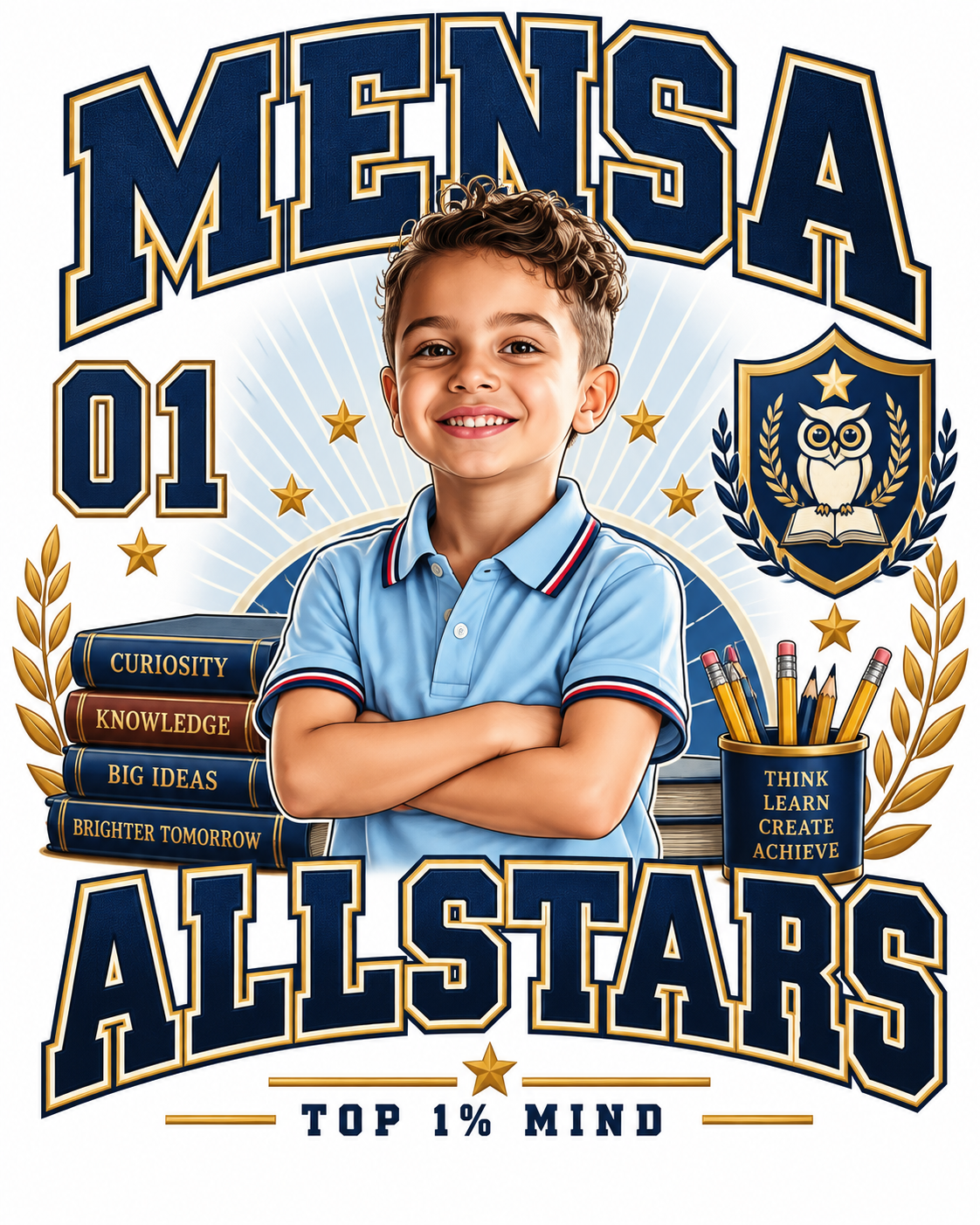 Blue Mensa Allstars illustration of Ares with books and an owl crest