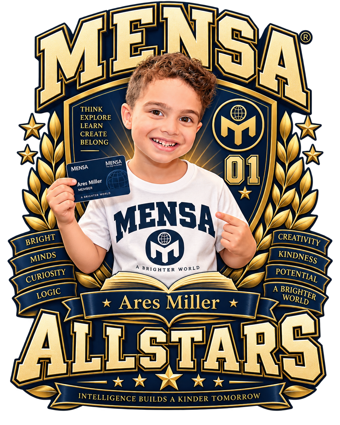 Gold Mensa Allstars illustration celebrating Ares, curiosity and kindness
