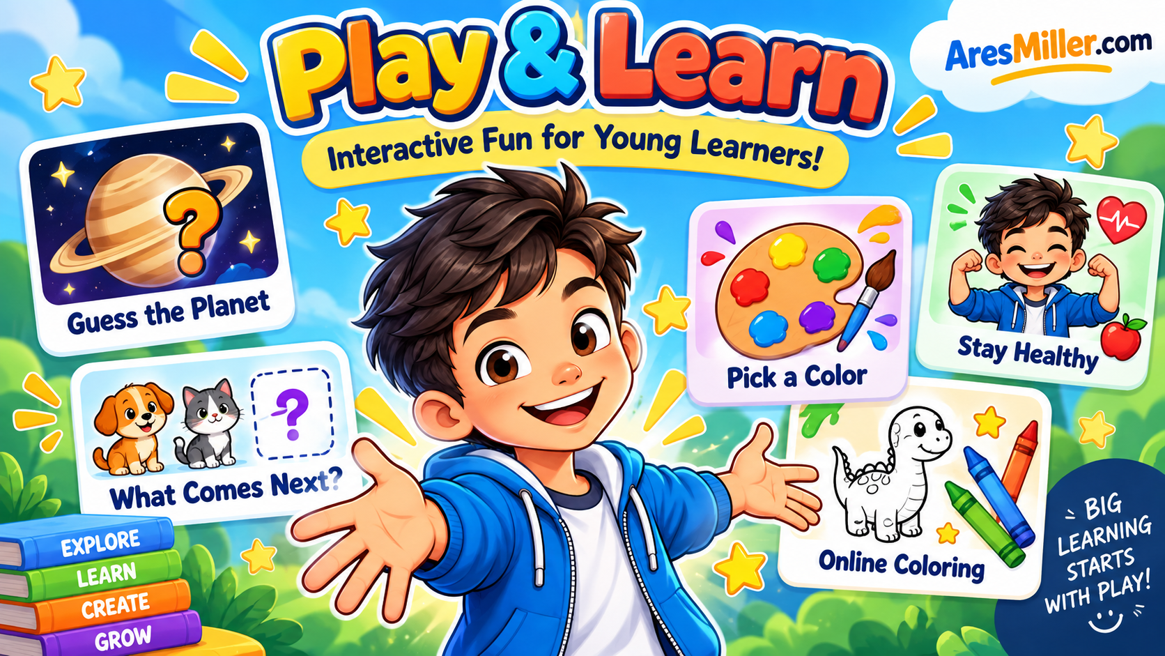 Illustrated Play and Learn guide to activities on AresMiller.com